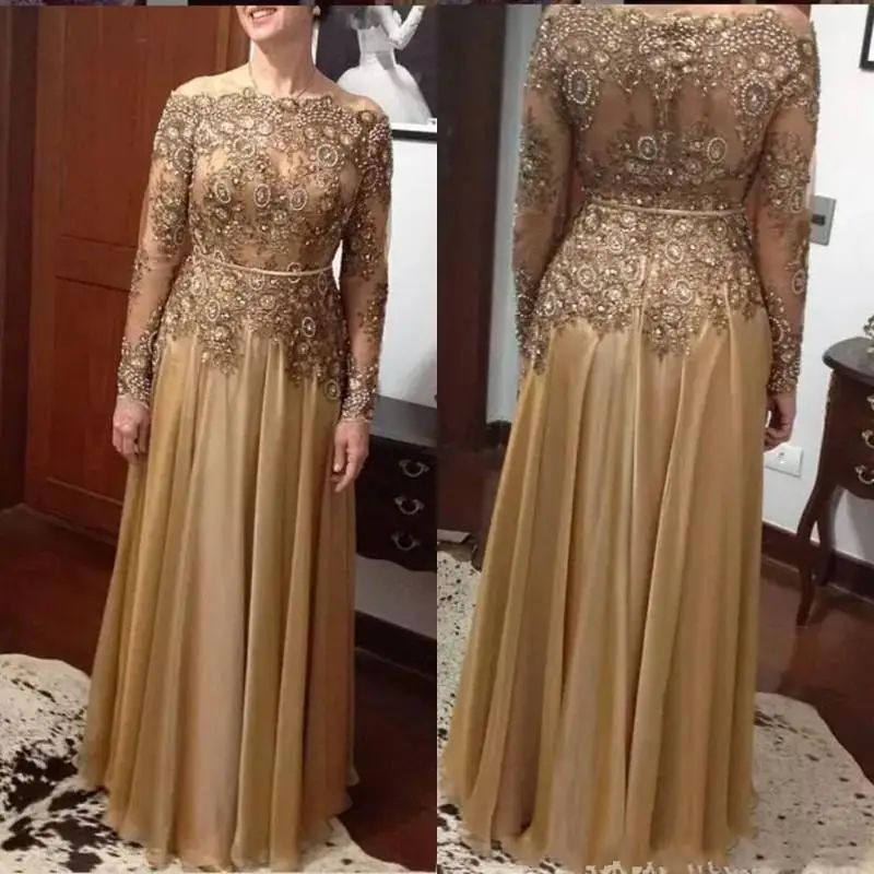 

Gold Mother of the Bride Dresses For Weddings Beaded A-Line Lace Bead Plus Size Chiffon Floor-length Zipper Back Formal