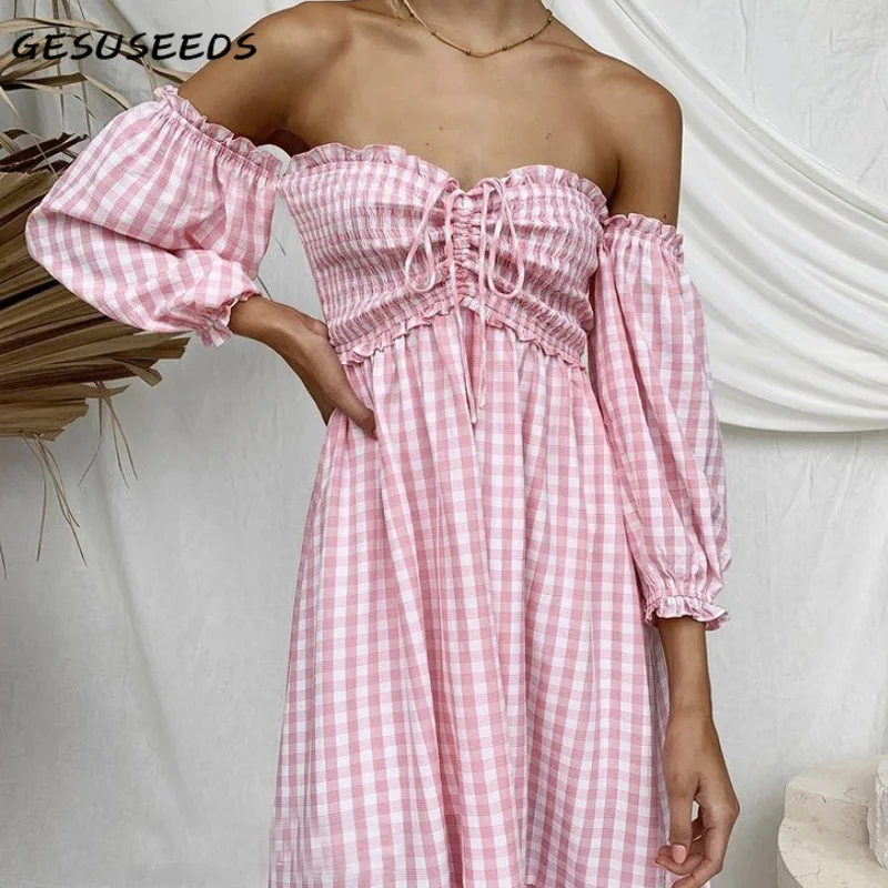 

Woman dress sexy off shoulder dresses summer plaid dress korean midi dress pink ruffle dresses casual drawstring dresses women
