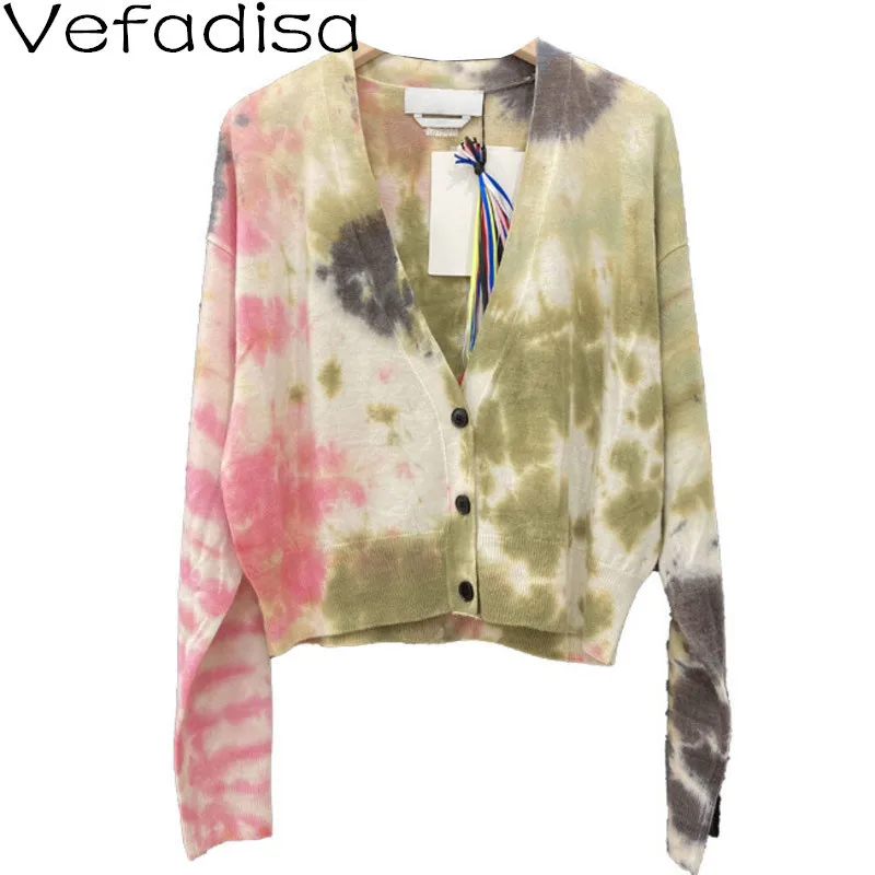 

Vefadisa 2021 Autumn New Tie Dye Women Sweater Fashion V-Neck Cardigan Knitted Single Breasted Female Knitted Coat QYF6003