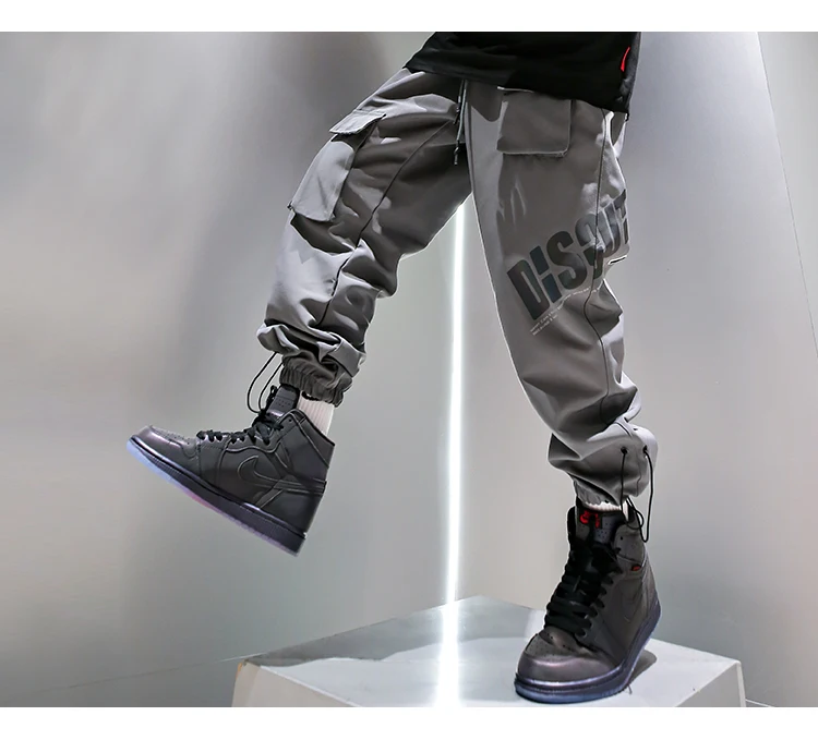 

Reflective Cargo Pants Men's Multi-pocket Hip Hop Pants Letters Black Pants Men Mid Waist Jogging Pants Mens Fashion Streetwear