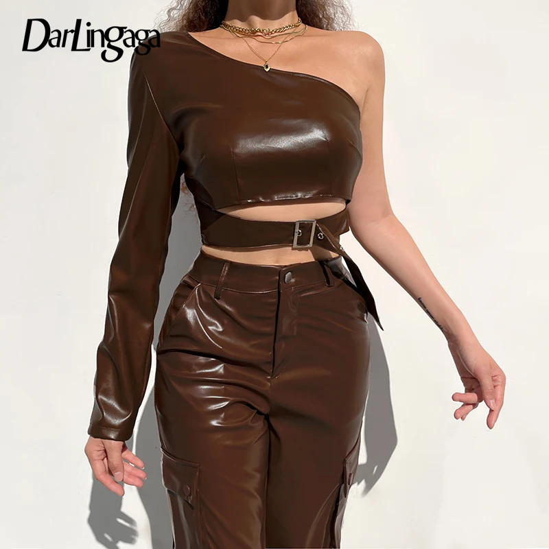 

Darlingaga Streetwear Punk Style Brown One Shoulder Sweatshirt Women Asymmetrical Spring PU Leather Pullover Tops Buckle Cut Out
