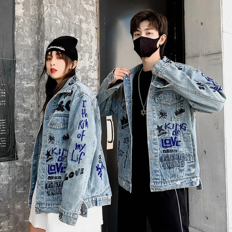 

Graffiti jean jacket Spring autumn oversized women's denim jacket letter embroidery denim coat women loose streetwear outwear