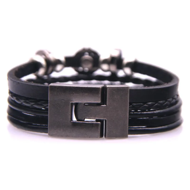 Черный многослойный мужской браслет кожаная веревка цепь сплав переключатель