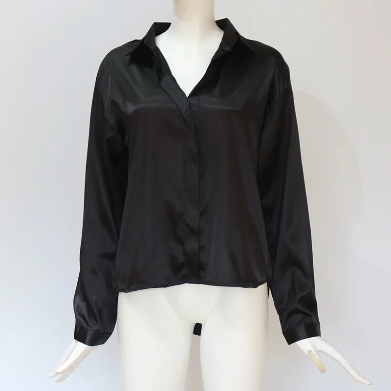 

Europe And America 2020 Fashion Spring Autumn New Silk Satin Shirt White Black Shirt Loose Long-Sleeved Women's V-Neck Top