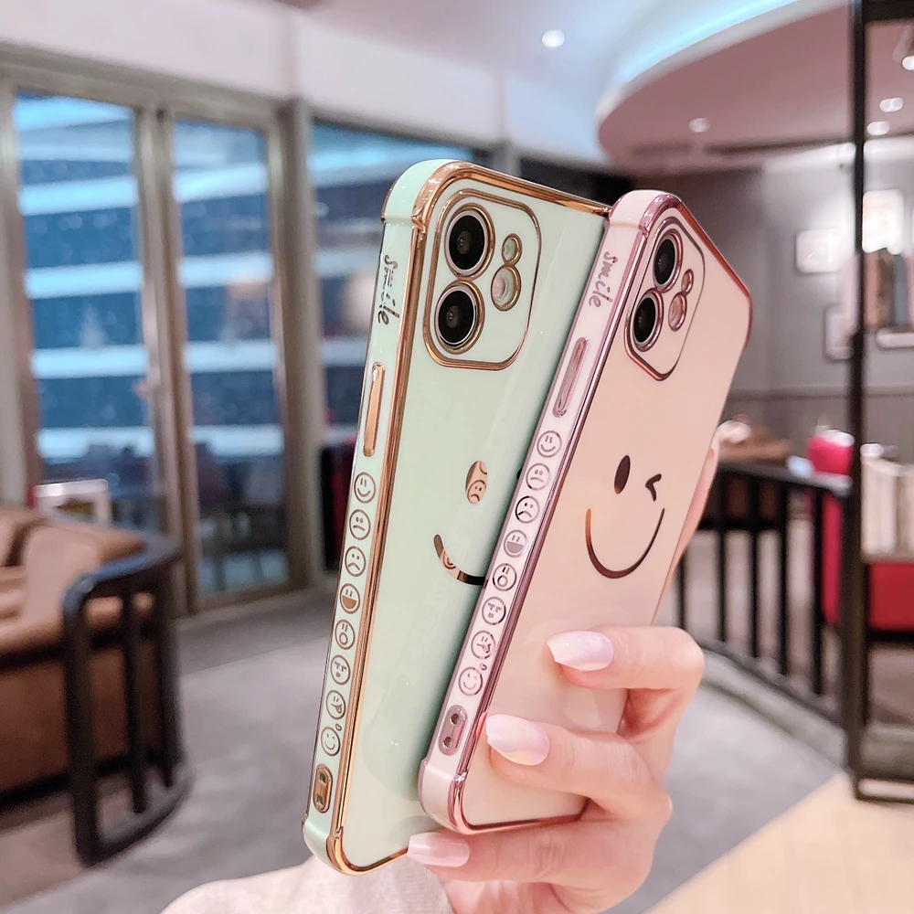 

Lovely Smile Face Gold Plating Frame Pattern Phone Case for iPhone 7 8 Plus X Xs Xr iPhone 12 Mini 11 12 Pro Max Luxury Cover
