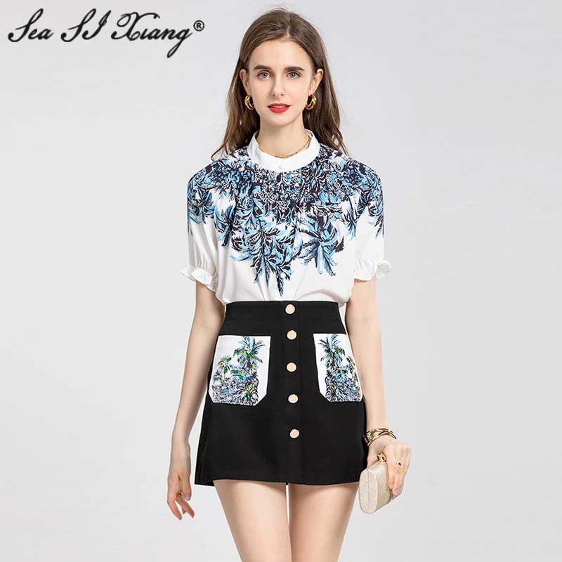 

Seasixiang Fashion Designer Summer Suit Women Stand Collar Single Breasted Floral Print Tops + Pockets Skirts Two Pieces Set