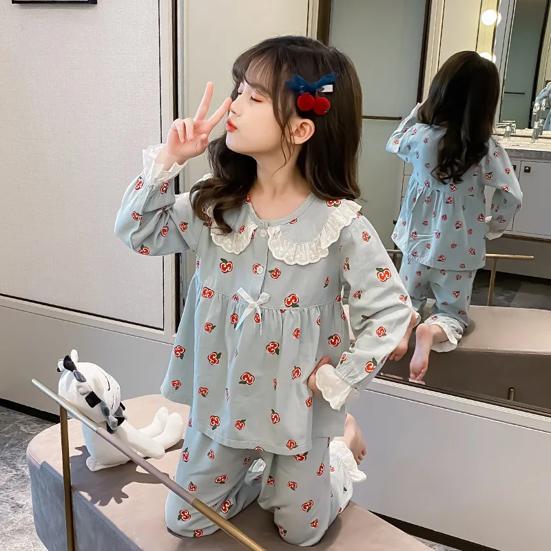

5-16y Kids Pajamas Sets Autumn Spring Girls Sleepwear Suits O-Neck Blouse + Pants Long Sleeve Cute Cartoon Children Clothes Hc64