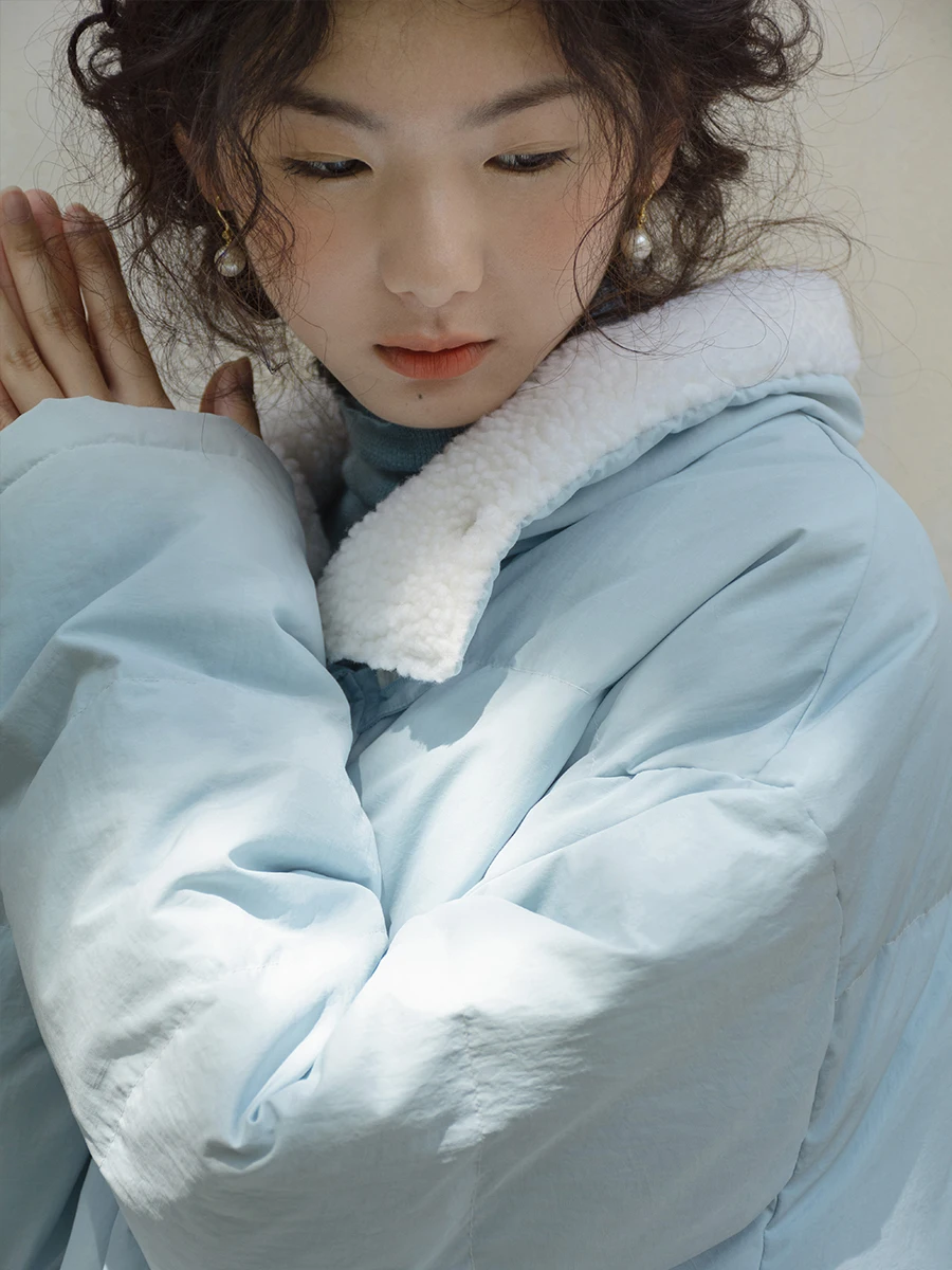 Baby Blue Lambswool Collar down Jacket 90 White Duck down Cute Short Women's Warm Coat Winter New