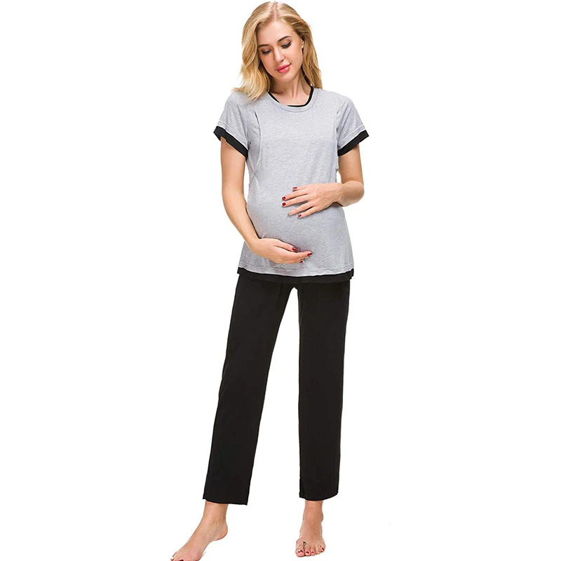 2019 модный костюм для беременных черные штаны и серое пальто девять штанов топы с