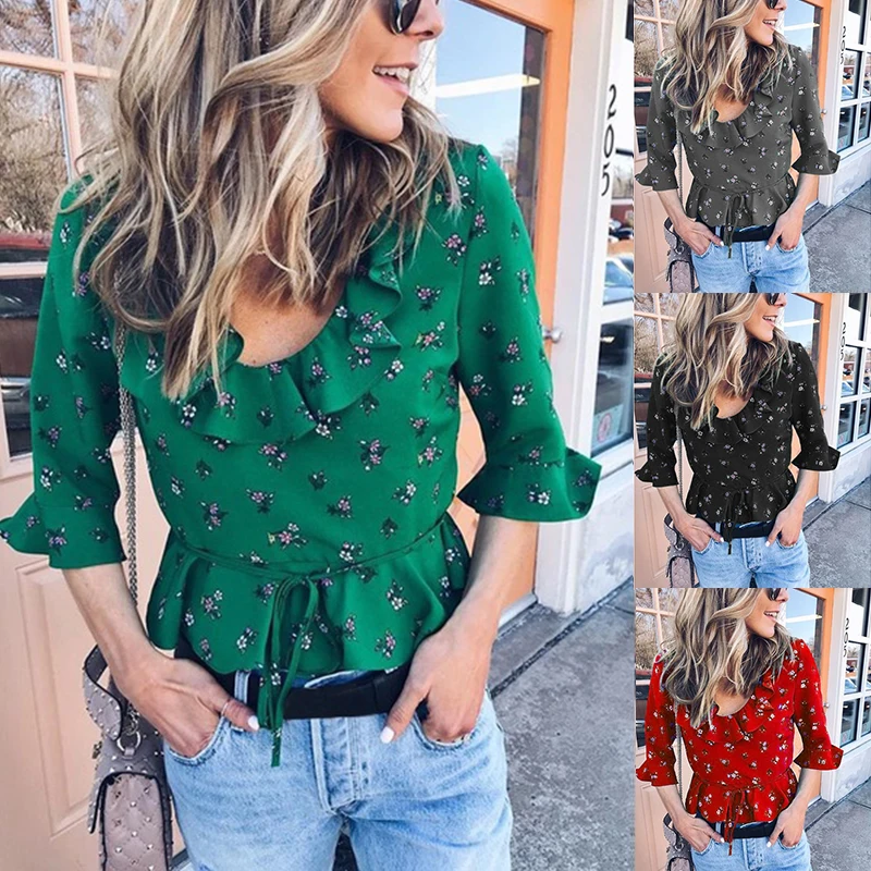 

New women's fashion round neck printed shirt with fashion belt top om9200
