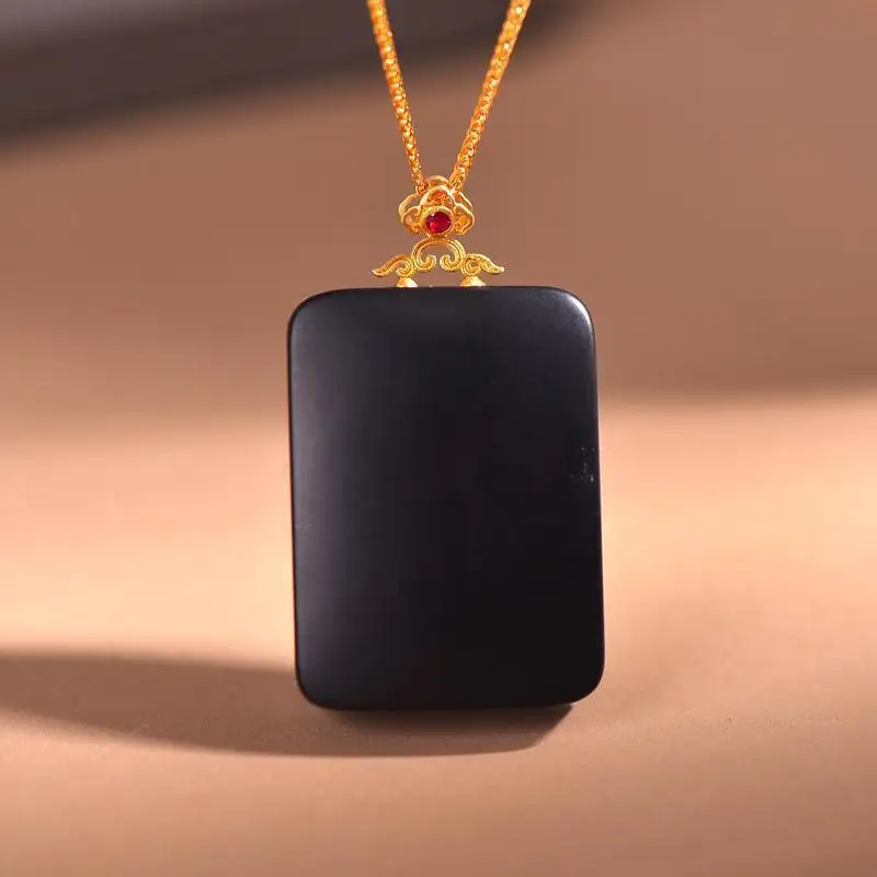 

Трехмерная квадратная Подвеска из натурального черного нефрита с серебряной вставкой, винтажные очаровательные украшения в дворцовом сти...