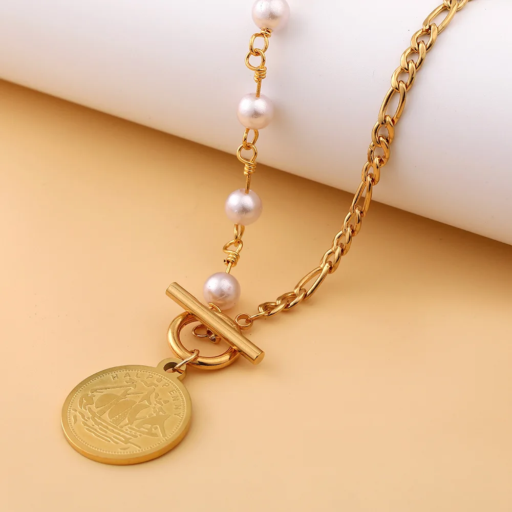 

European and American Temperament Jewelry New Fashion Metal Pearl Personality Sailing Coin Pendant Lady Necklace Romantic Gift