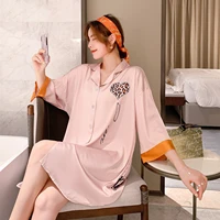 new ice silk thin pajamas shirt lapel dress ladies silk loose plus size short sleeved lounge wear silk pajamas for women