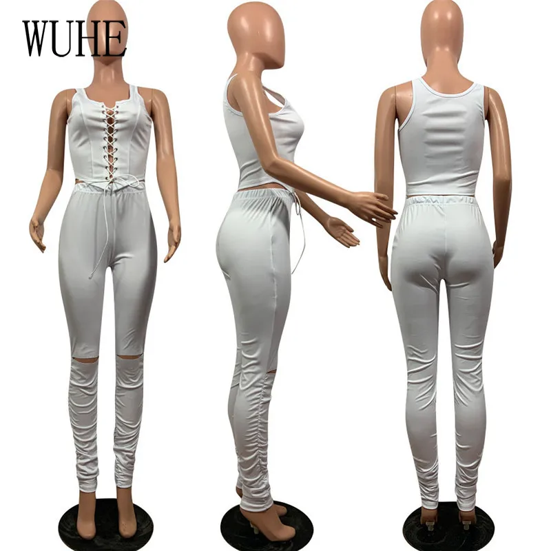 

YEYA Bandage Lace Up 2 Piece Sleeveless Square Collar Off Shoulder Tanks Top and Hollow Out Pleated Skinny Long Pants Streetwear