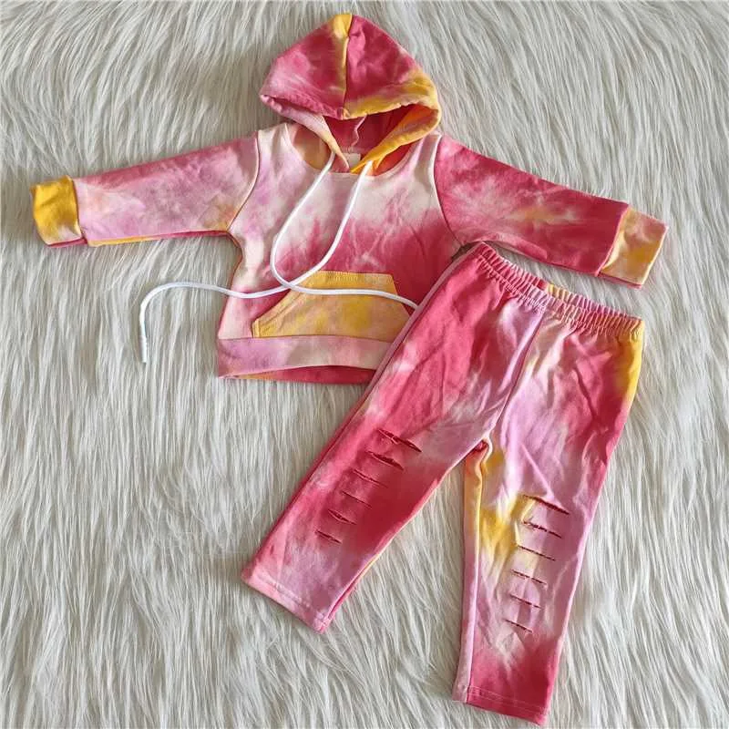 

Wholesale Boutique Baby Girls Tie-dye colorful Outfits Long Sleeves Hoodies Ripped Pants Kids Sets Children Clothes Hot selling