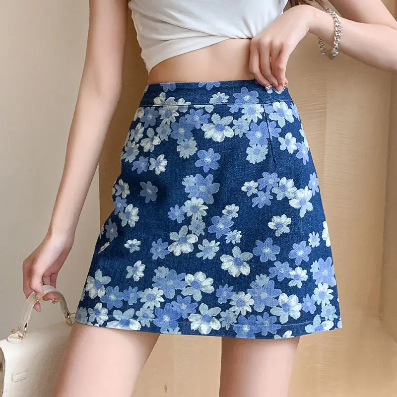 

Fashion Floral Print Denim Skirt for Women 2021 New High Waist A-Line Casual Short Mini Skirts Harajuku Jeans Faldas Mujer