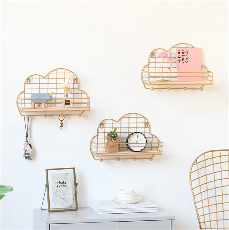 

Creative Cute Metal and Wooden Cloud Shape Wall Shelf Home Room Organizer Rack for Kitchen Office Living Room