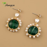 hongye round green stone multi pearl drop earrings for women elegant fashion party charm crystal zircon brincos jewelry 2020