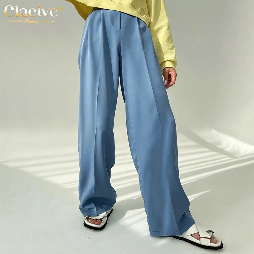 

Clacive Blue High Waist Office Women'S Pants Fashion Loose Pleated Ladies Trousers Elegant Full Length Pocket Pants For Women