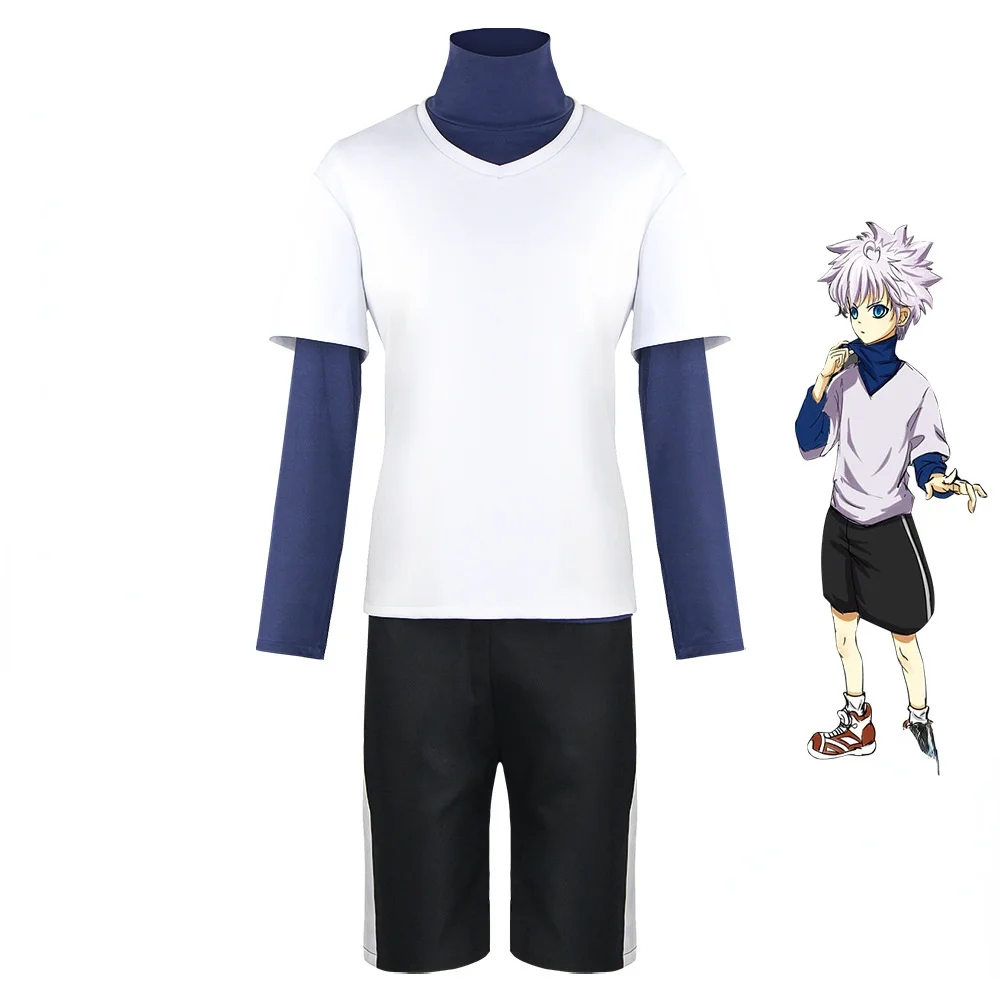 

Костюм для косплея из аниме Hunter Killua Zoldyck с номером 99 значок на Хэллоуин Рождество Вечеринка косплей костюм рубашка короткий белый парик