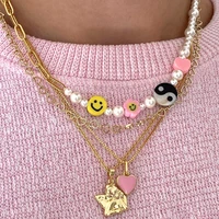 90s aesthetic heart smiley yin yang necklace for women y2k jewelry harajuku pearl flower ins necklace 2000s fashion friends gift