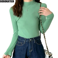 fall knitted sweater women clothing long sleeve tops green slim sweaters pullover half high collar jumper korean new color 2021