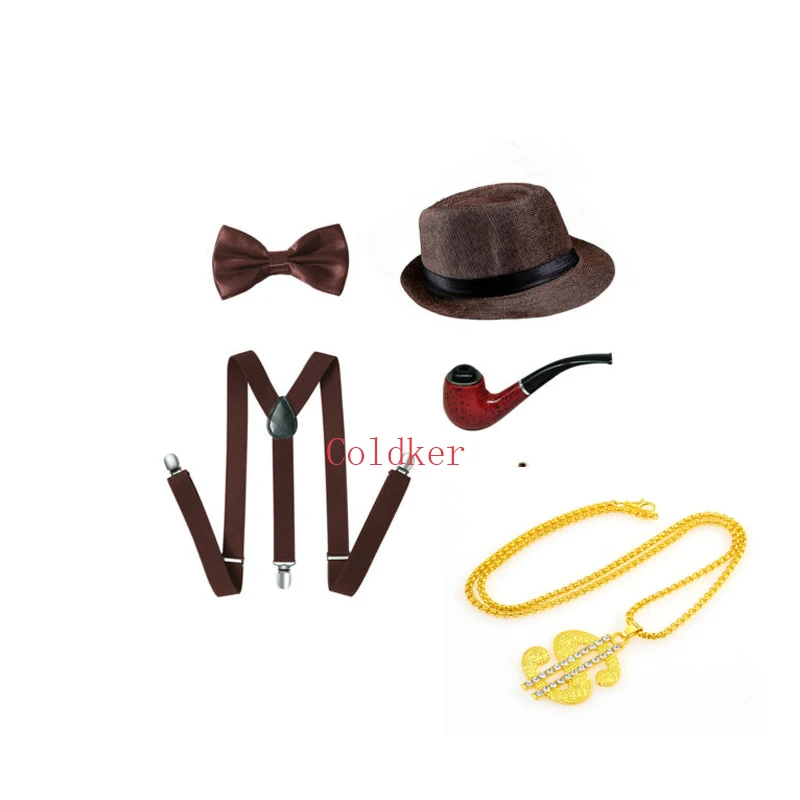 Костюмы для вечеринки 20-х годов с аксессуарами для мужчин Gatsby Gangster, включающие шляпу Панама, подтяжки, бабочку и ожерелье.