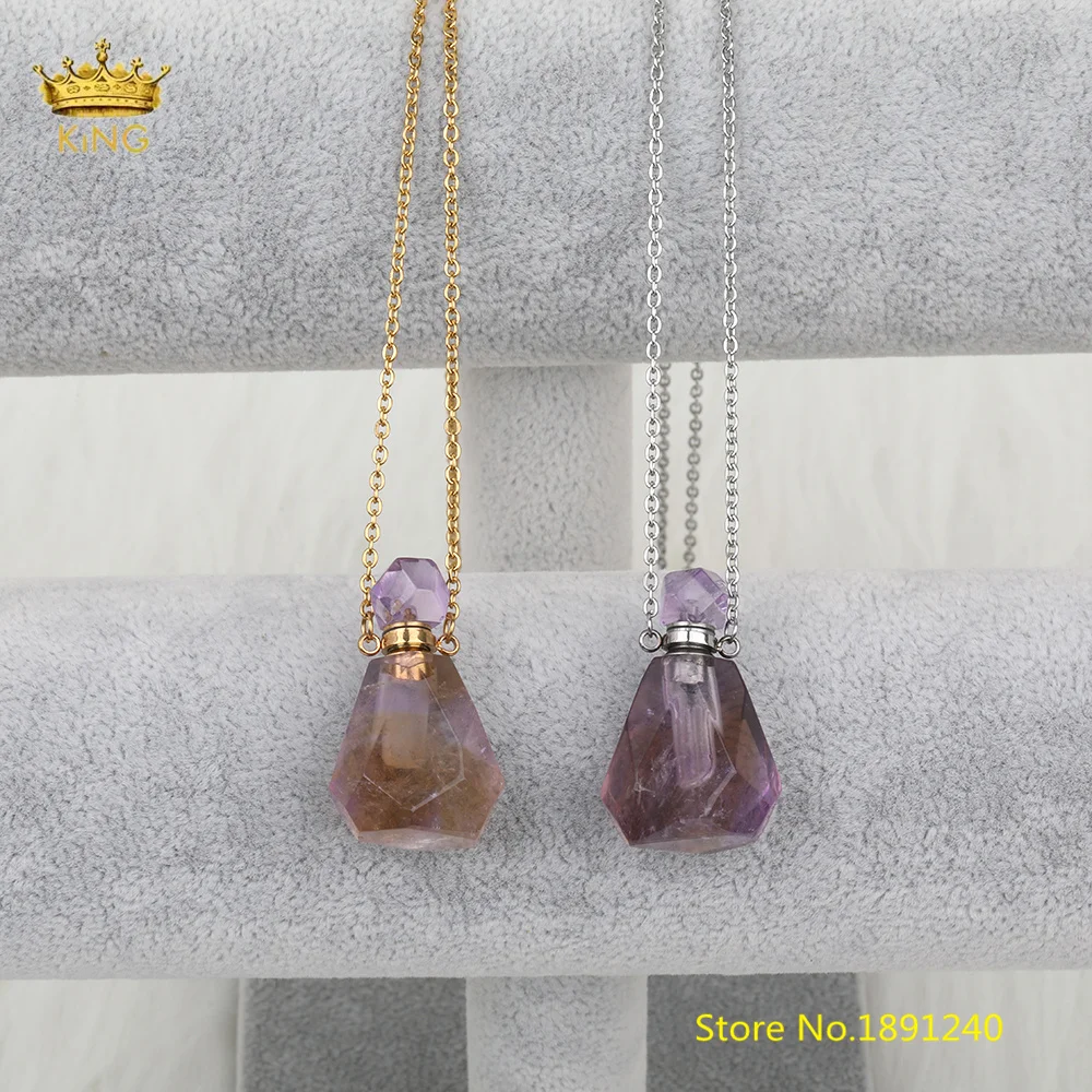 

Natural Purple Quartz Perfume Bottle Gold Silvery Chains Pendant Necklaces Women Crystal Stone Pendant Charms Jewelry SA-08KBCB