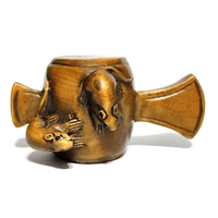 y6902 2 hand carved boxwood netsuke figurine carving 2 mice on drum