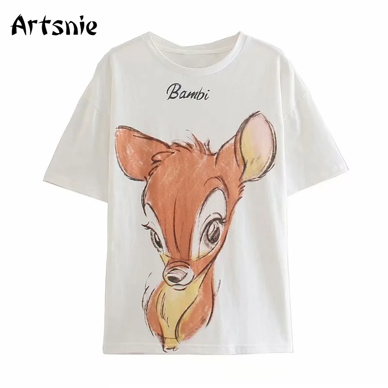 

Artsnie Disney Bambi футболка с рисунком Женская летняя футболка с круглым вырезом и коротким рукавом оверсайз Топы уличная одежда Вязаные белые фут...
