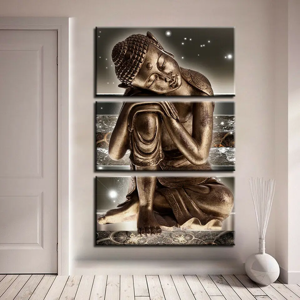 

Golden Buddha Sitting Religious 3 Pcs Canvas Art Poster Wall Home Décor