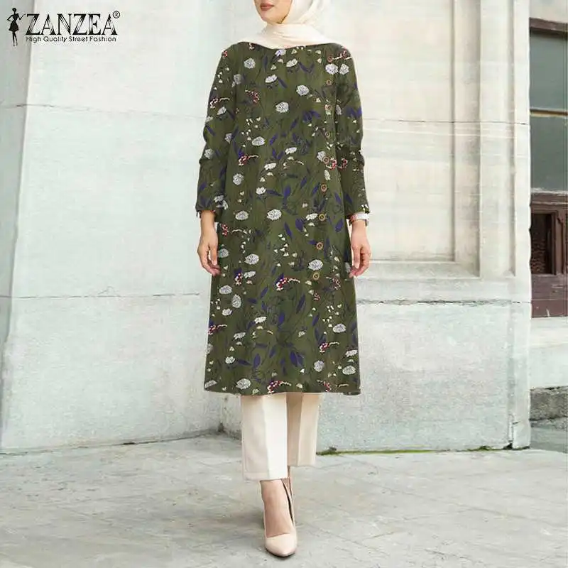 

2022 ZANZEA Women Autumn Muslim Islamic Long Shirt Floral Printed O Neck Button Casual Loose Blouse Holiday Loose Casual Tops