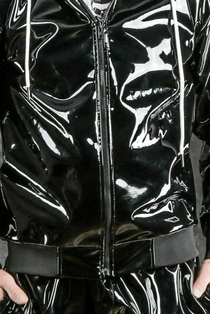 Men's PU Leather Tracksuit Jogging Coat Jacket Trousers Pants Sports Hoodie Set