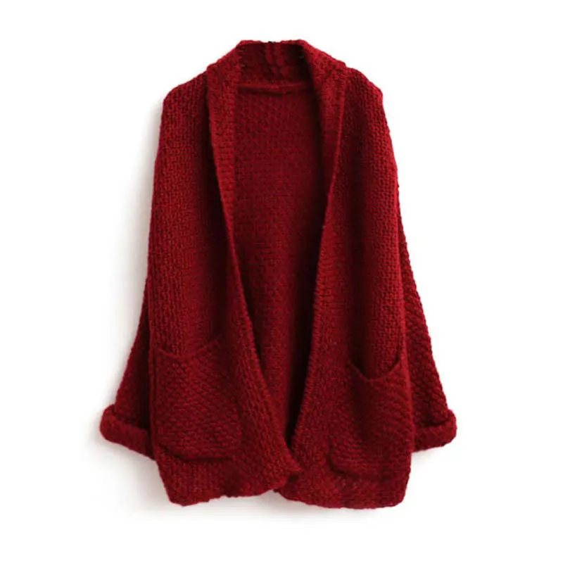 

SuperAen Autumn and Winter Knitted Cardigan Coat Women's Full Medium Long Pocket Solid Sweater