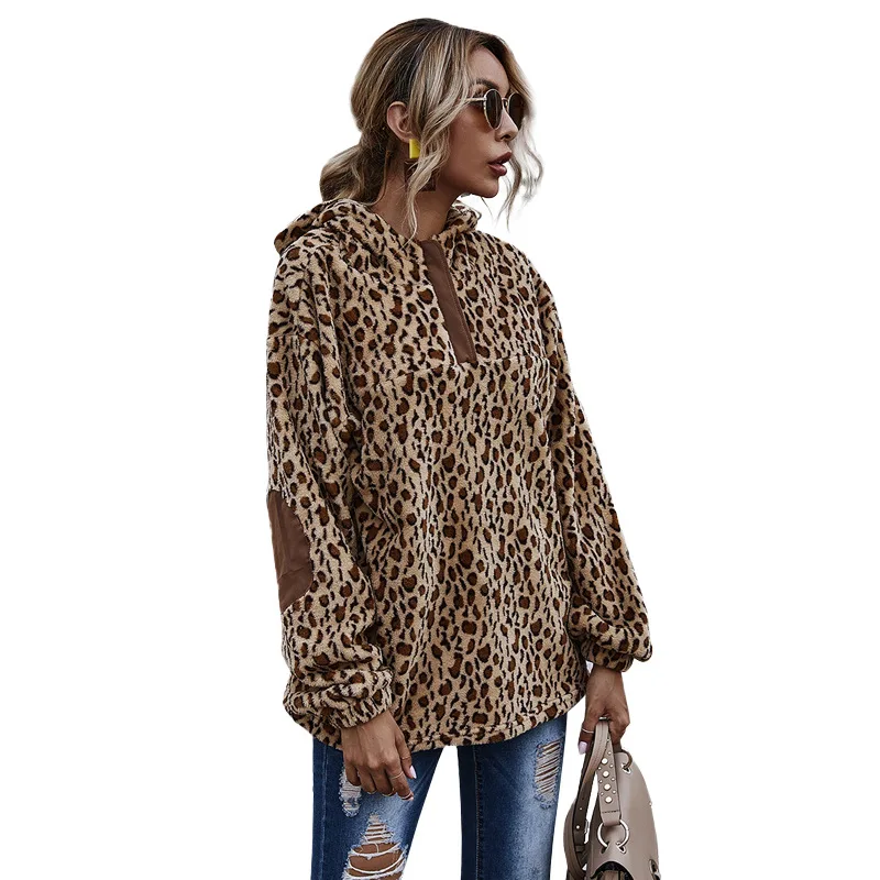 

Women's Clothing New Stitching Leopard Print Flocking round Neck Loose Long Sleeves Hooded Sweater Women's Autumn and Winter