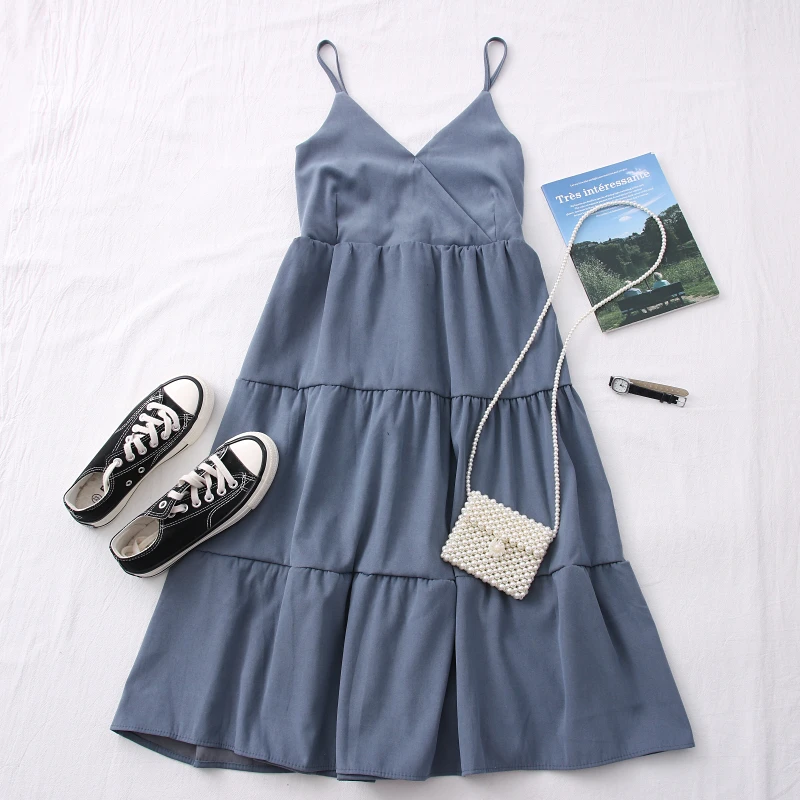 

2021 Summer New Foreign Style Versatile Solid Color V-neck Sling Slim High Waist Dress