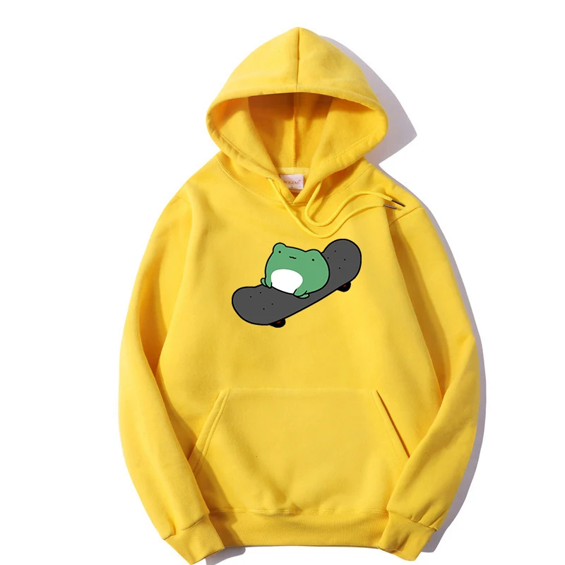 

winter Skateboard frog oversized Sweatshirt men and women's Hoodies Harajuku Warm Pullover Drawstring Pink Womens Korean style