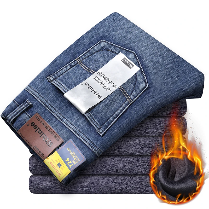 

Warm Jeans 2021 New Straight Winter Classic Business Casual Thickening Elastic Brand Pants Blue Black Gray Jeans