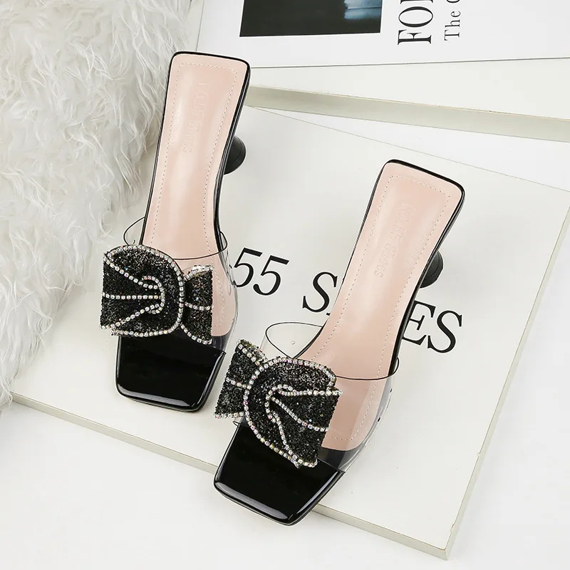 Новинка 2019 года Женские шлепанцы из пвх Сандалии на толстом каблуке со стразами