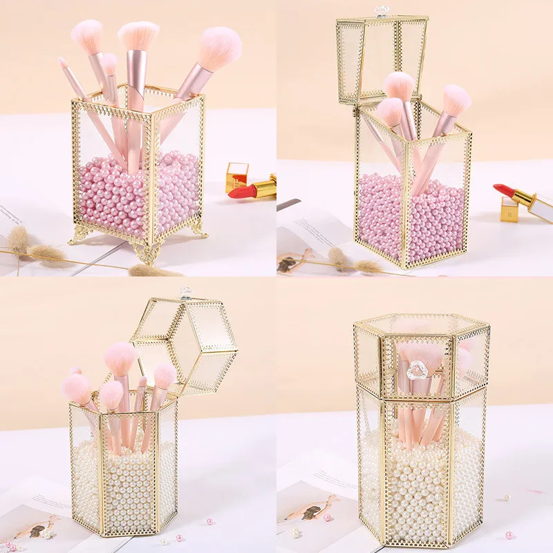 

Glass Makeup Brush Box Geometric Holder Jewelry Box Pencil Bucket Makeup Organizer Desktop Cosmetic Storage Box Pearl Barrel