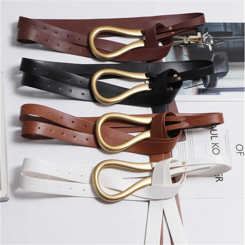 

Newest Fashion Soft Faux Leather Belts Personality Big Alloy Buckle Thin Double Layer Waistbands Shirt Knotted Belt Long Straps