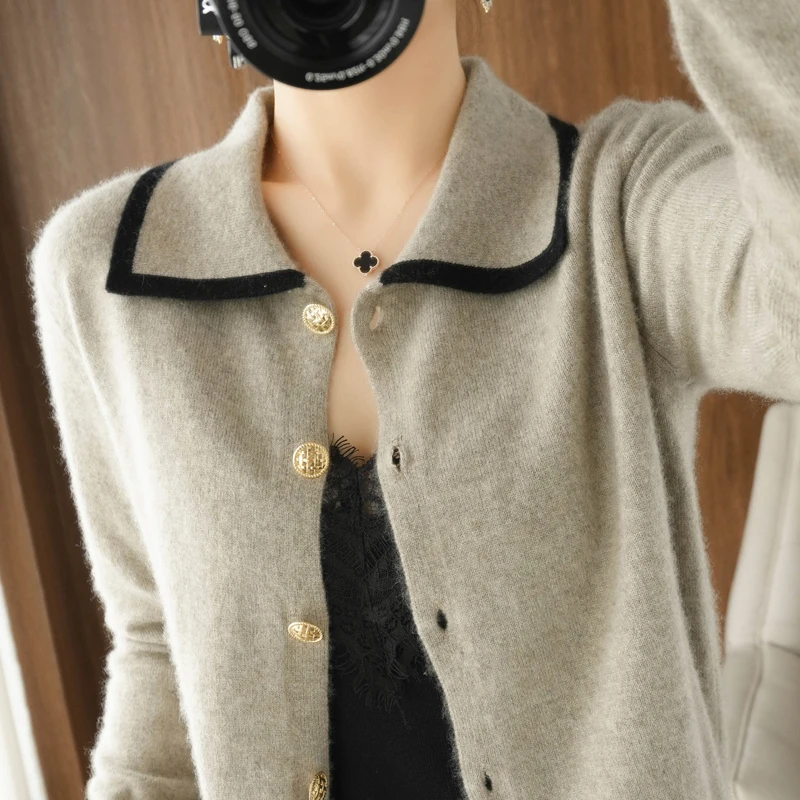 Кардиган женский из чистой шерсти Свободный вязаный свитер с отложным