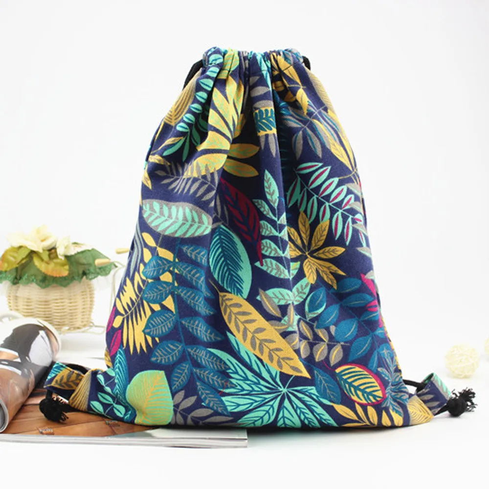 Fashion Women Drawstring backpack Storage Bag Leaf Printing High Capacity Bucket sports bag pocket pouch Shoulder Bag Canvas new