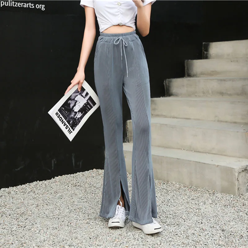 

High Waist Flare Pants Summer Spring New Full Length Women's Trousers Split Elegant Elastic Waist Bell Bottom Casual Female
