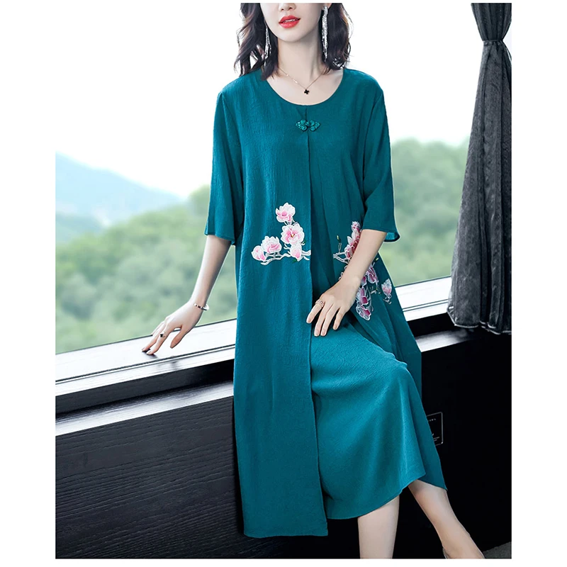 

Summer plus size dresses Mid-length fashion high-end foreign solid color folk-custom embroidery fake two-piece vestidos D210
