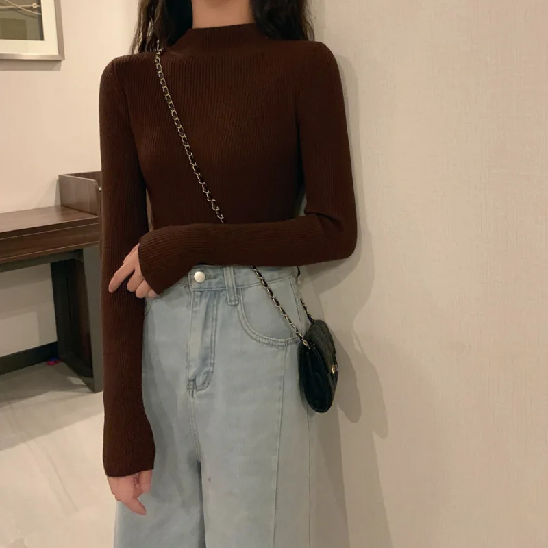 

Retro Solid Color Autumn And Winter Slim Slimming New Sweater Half High Neck Slim All-match Sweater Long-sleeved Sweater