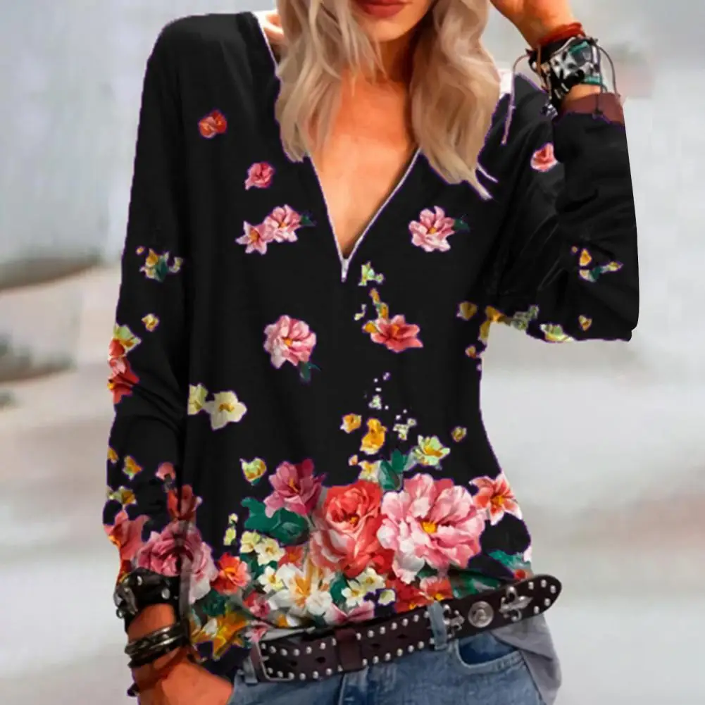 

Blouse Printed Casual Loose Thin T-shirt Floral Print Long Sleeve Top Women Zipper V Neck T-shirt Pullover for Spring/Summer