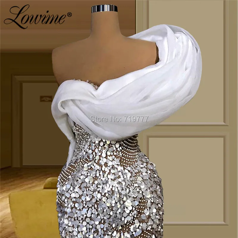 Pearls Ivory Evening Dresses Luxury Celebrity Dress Silver Sequins Illusion Party Gowns 2020 Dresses Women Party Night Prom