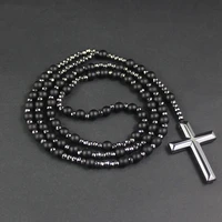 new arriveal matte black stone beads with hematite faced beads cross pendant necklace mens jewelry rosaray nsn013