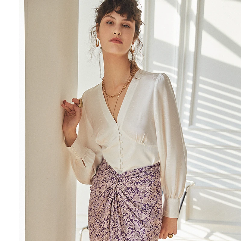 Женская однобортная жаккардовая блузка Повседневная однотонная шелковая